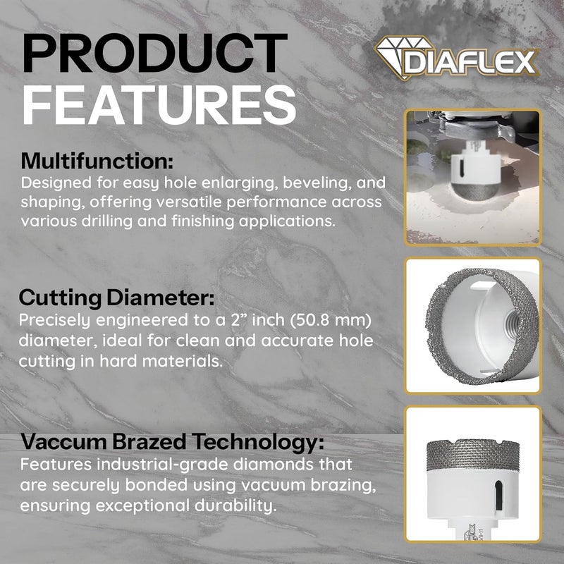DIAFLEX Premium Brazed Core Bit – 2" Diamond Hole Saw for Porcelain, Ceramic, Stone, Dekton – 5/8"-11 Thread – Fast Clean Cuts – Vacuum Brazed – Wet or Dry Use - Image 4